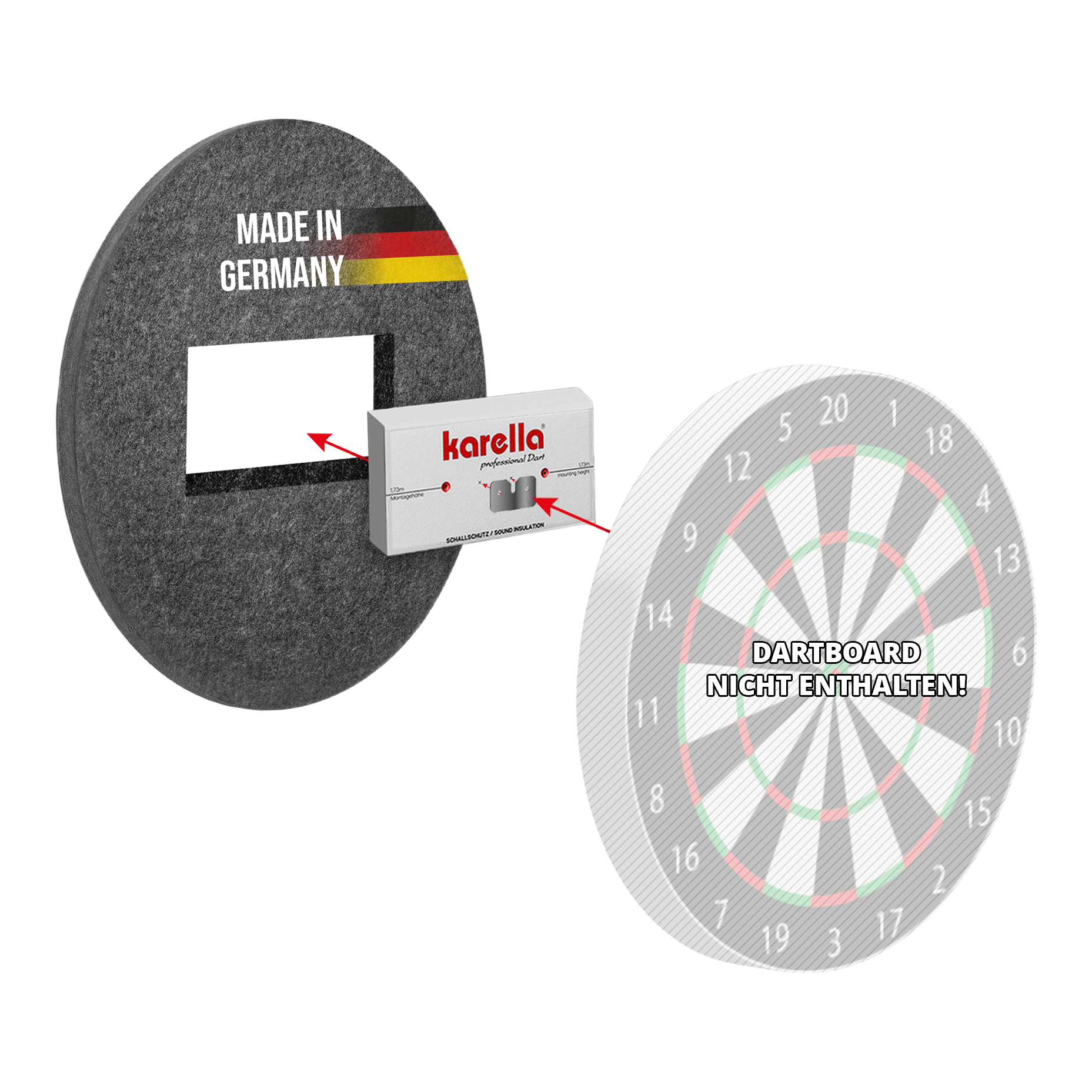 Kompakter Schallschutz Karella für Steeldartboards ist auf dem Bild zu sehen. Es handelt sich um einen schalldämpfenden Schutz für Steeldartboards.